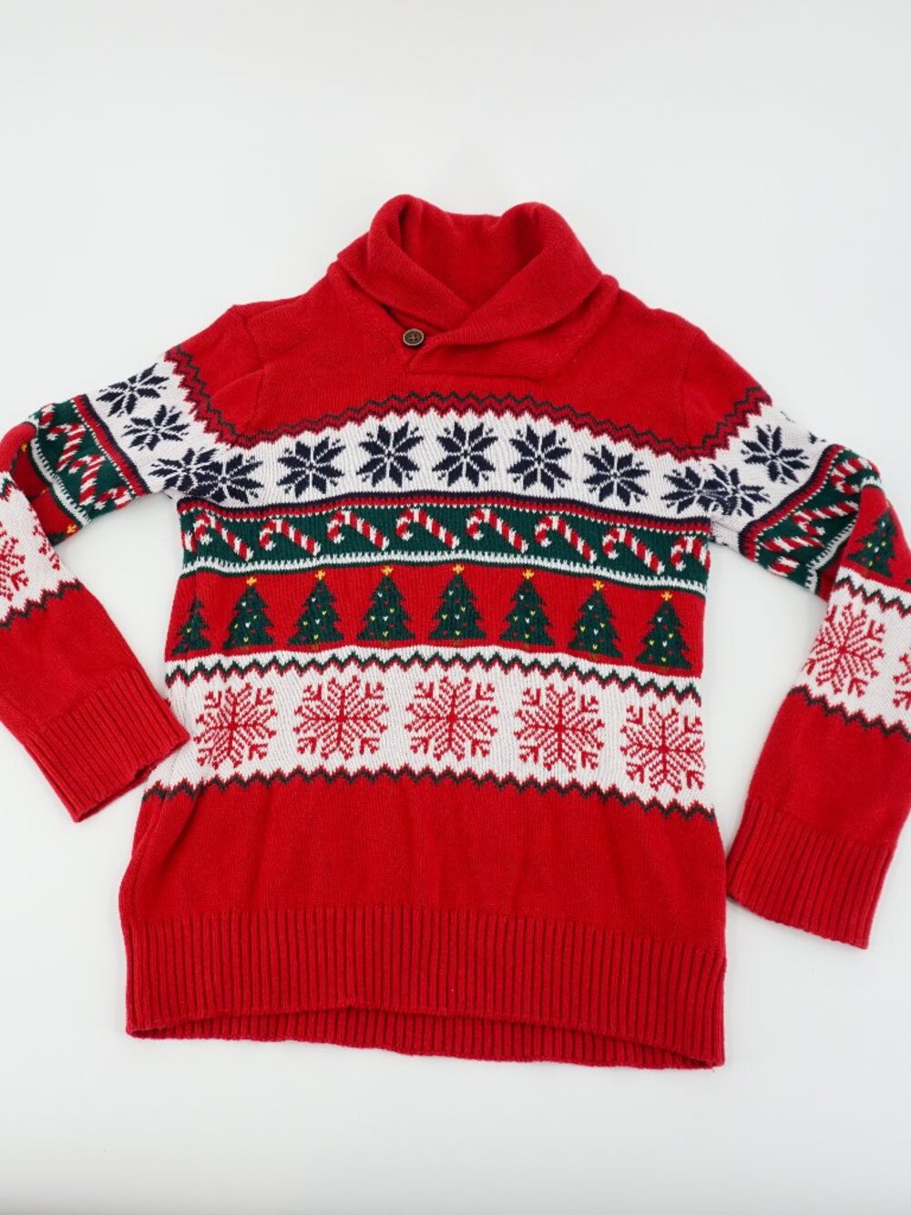 Children's PLACE Knit Sweater Boys Medium 7/8 Christmas Nordic Red Green Cotton